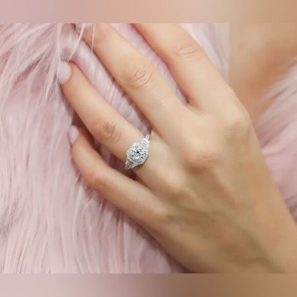 Sterling Silver Round Cubic Zirconia Halo Art Deco Ring (5) - Picture 2 of 11